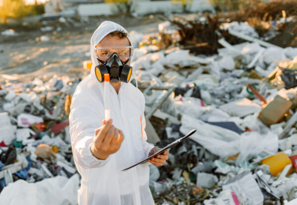 Researcher looking at plastic landfill analyzing environmental p